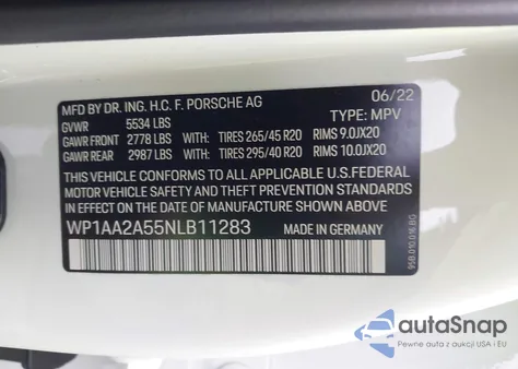 2022 Porsche Macan из США, поврежденный, VIN WP1AA2A55NLB11283